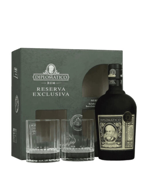 Diplomatico Reserva Exclusiva Rum & 2 Tumbler Gift Set includes one bottle of Diplomático Reserva Exclusiva 70cl and two shaped tumblers. Diplomático Reserva Exclusiva is a molasses-based rum from Venezuela, after distillation the clear spirit is matured in whiskey barrels.